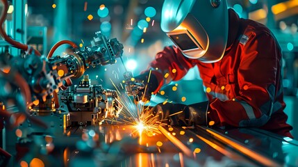 Industrial worker in a welding helmet, intensely focused on welding machinery, with sparks flying in a high-tech factory setting. Ideal for promoting industrial work, manufacturing, and skilled trades