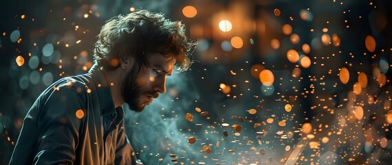 Focused man working in a workshop, surrounded by glowing sparks and dramatic lighting, capturing the essence of craftsmanship and dedication. Ideal for promotions related to craftsmanship, 