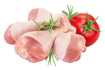 Raw chicken leg or drumstick isolated on white background with full depth of field
