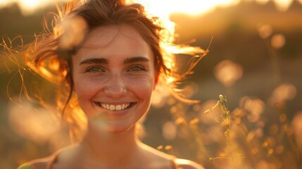 Close-Up Portrait of Woman with Bright Smile in Golden Sunlight - Radiating Happiness, Joyful Expression, Positive Vibes