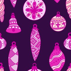 Cartoon retro Christmas tree balls seamless new year ethnic ornaments pattern