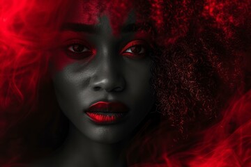 Close-up portrait of a woman with red eyes and lips, enveloped in crimson tones