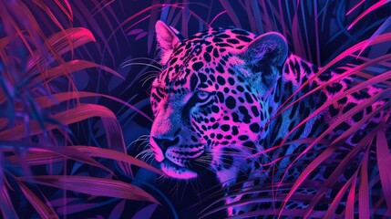 Leopard in tropical leaves in neon light.