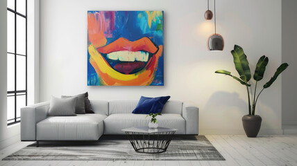 Modern living room with colorful painting, gray sofa, and indoor plant