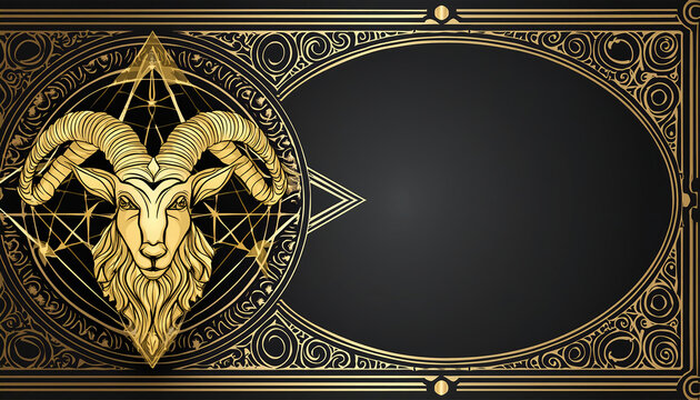 Grunge frame with goat head for tarot card or astrological Capricorn sign . Monochrome vector illustration. copy space for your text or design