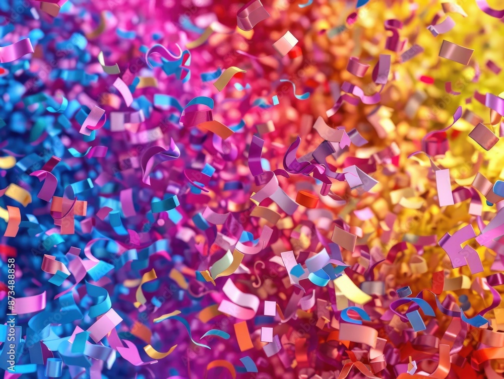 Poster a colorful explosion of confetti with a rainbow of colors. the confetti is falling in a chaotic and 