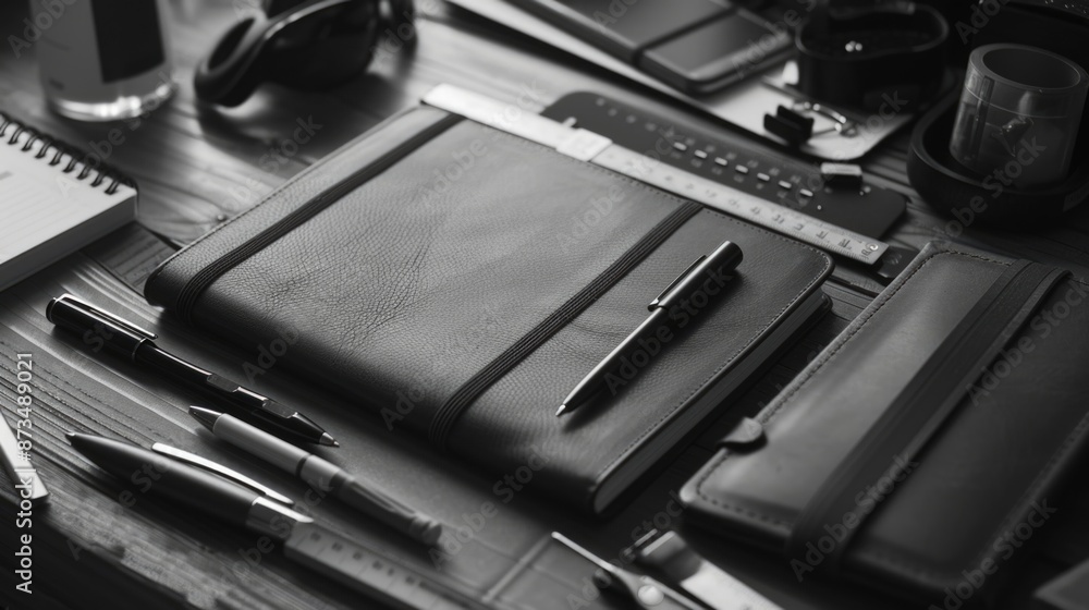 Poster a black leather bound notebook sits on a desk with a pen and a ruler. the notebook is open to a blan