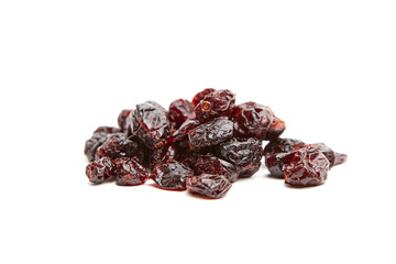 A small heap of dried cranberries isolated on a white background, showcasing their rich red and dark hues with a wrinkled texture, ideal for healthy snacks and culinary uses