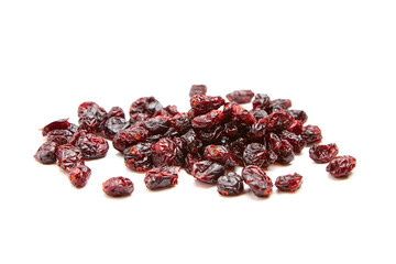 A pile of dried cranberries isolated on a white background, highlighting their rich red and dark hues with a wrinkled texture, ideal for healthy snacking and culinary uses