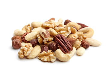Close-up of a mixed nut assortment including walnuts, pecans, almonds, Brazil nuts, hazelnuts, and cashews, isolated on a white background. Ideal for healthy snacking