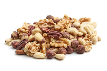 A pile of assorted mixed nuts including walnuts, pecans, almonds, Brazil nuts, hazelnuts, and cashews isolated on a white background. Perfect for healthy snacking or cooking