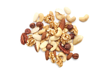 Top view of a variety of mixed nuts including walnuts, pecans, almonds, Brazil nuts, hazelnuts, and...