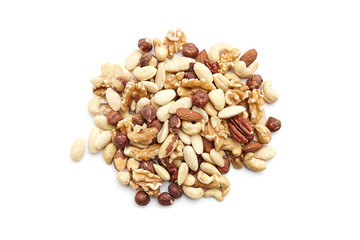 A pile of assorted nuts including almonds, cashews, hazelnuts, pecans, walnuts, and Brazil nuts on a white background. Perfect for healthy snacking and recipes