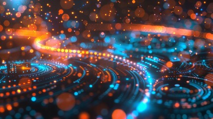 Obraz premium Abstract image of glowing light trails and bokeh effects in blue and orange tones, symbolizing digital technology and innovation. Concept of technology, digital, and abstract art.
