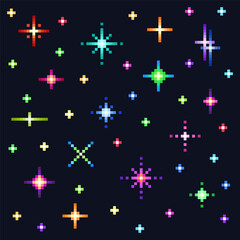 Pixel art of stars set. Star, glitter, sparkles. Pixelated starry sky signs. Space shining object collection. Videogame icons. 8 bit retro style vector illustration