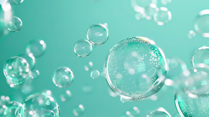 Soap bubbles on a mint colored background 