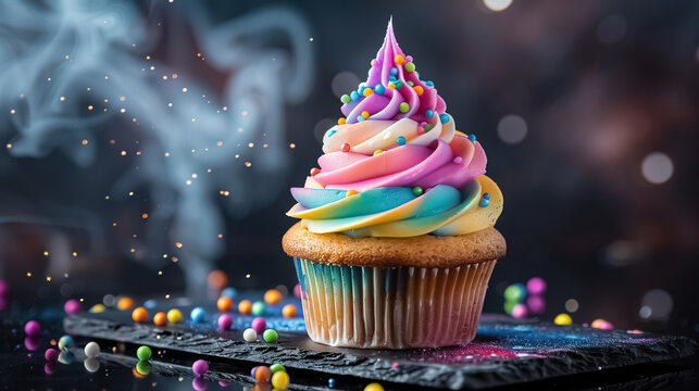 Capcake with multicolored cream on top, on a black table
