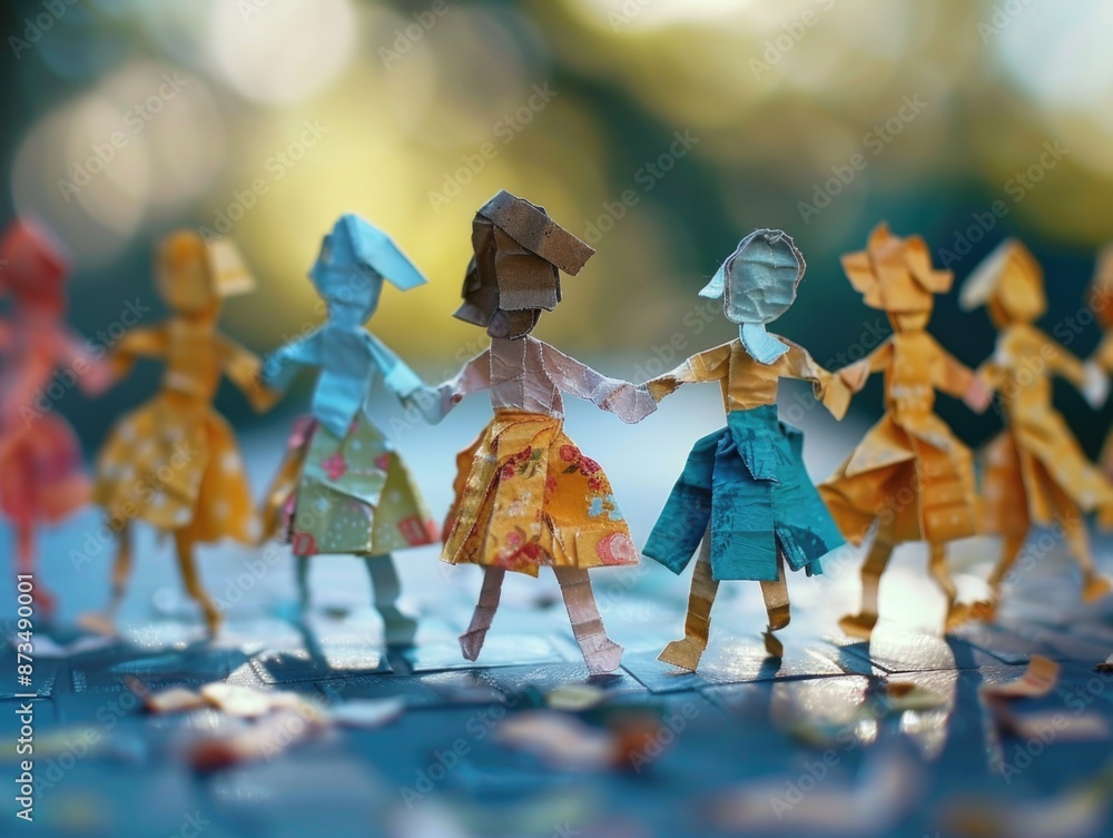 Poster a group of paper dolls are holding hands in a circle. the dolls are of different colors and sizes, a