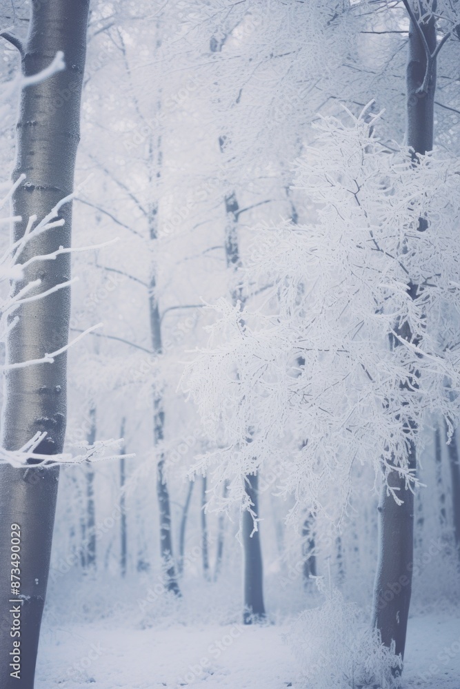 Poster a snowy forest with trees covered in snow. the trees are bare and the snow is thick, creating a sere