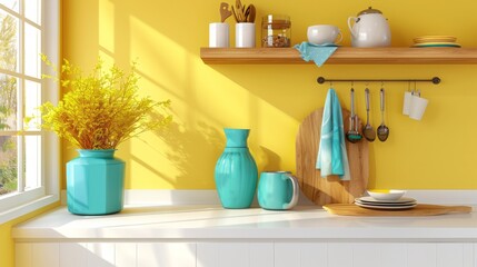 3D Rendering of Yellow Kitchen Wall with White Countertop and Turquoise Vases - Modern Kitchen Design, Bright Decor, Wooden Board for Dishes and Mugs