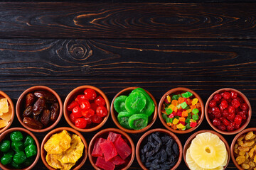 Group of dried and candied fruit in bowl