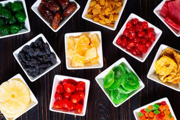 Group of dried and candied fruit in bowl