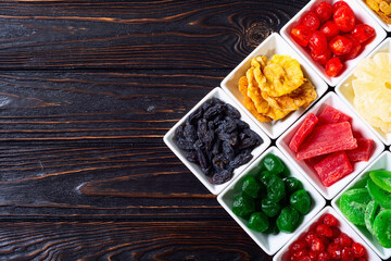 Group of dried and candied fruit in bowl