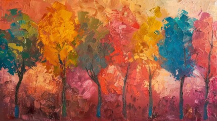 Abstract oil painting of trees in warm colors with texture