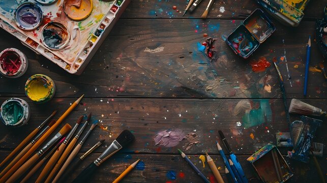Creative art work accessories tools supplies set on messy desk, paint brushes, paintbox watercolors crayons pencils on brown wooden artistic background, back to school. Top view, flat lay, copy space.
