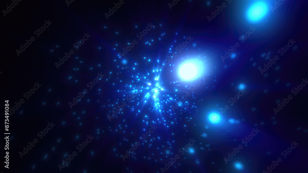 Poster abstract bright blue glowing background with flying dots circles bokeh energy particles and light ra