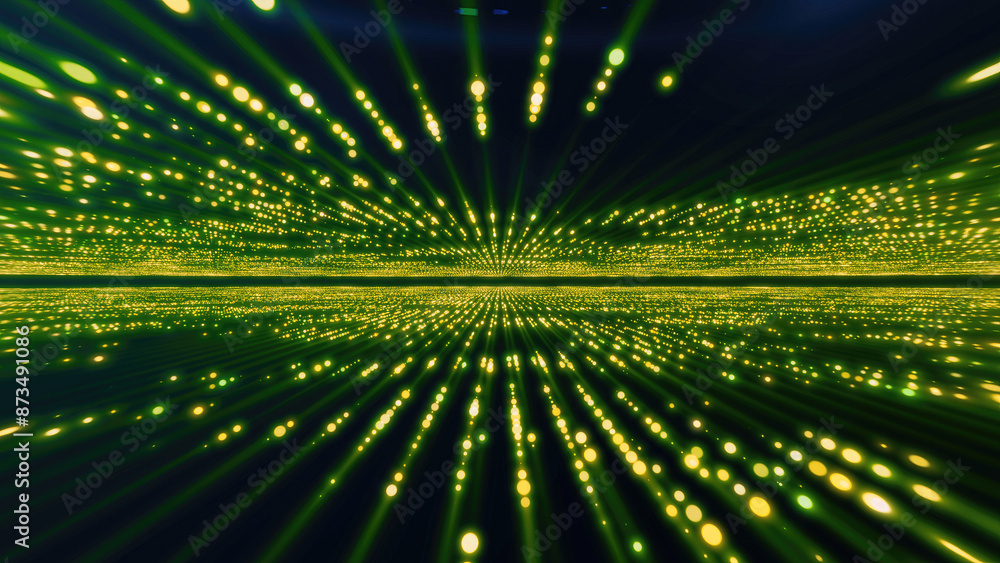 Poster abstract green glowing energy hi-tech lines and digital particles tunnel with bokeh effect backgroun