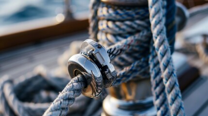 A closeup of a metal winch turning steadily as the sails are expertly adjusted by a skilled sailor.