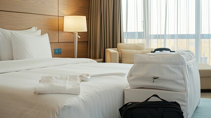 A large, white luggage bag sits on the floor next to a made hotel bed with white linens