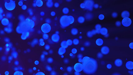 Abstract blue glowing background with flying balls circles atoms molecules particles energy bubbles