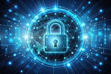 Secure virtual interface with encryption padlock icon protects personal information, ensuring global network security through advanced technology and strong data safeguards.