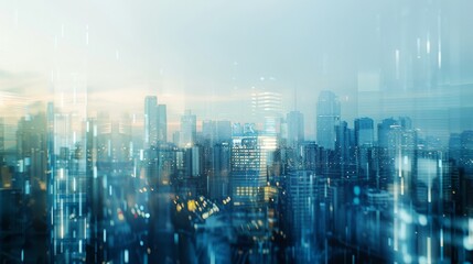 Fototapeta premium rban landscape, rapid movement, blur effect, high-rise buildings, cityscape, clean and modern, early morning light, futuristic design, cyberpunk aesthetic, high detail, no vehicles 