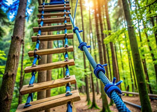 A vibrant blue safety harness and rope ladder stretch upward, awaiting a brave adventurer, amidst a lush green forest backdrop at an outdoor adventure park.