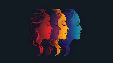 Vibrant digital illustration of a woman's profile in three different colors: red, orange, and blue, against a dark background. Perfect for artistic projects, diversity and inclusion campaigns