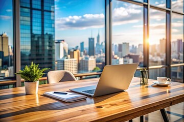 Modern laptop and scattered papers on wooden desk in trendy urban coworking space with blurred cityscape background, conveying startup culture and remote work atmosphere.