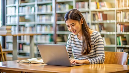 Young woman student study in the school library. She using laptop and learning online with blurred other people background
