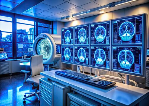 Advanced magnetoencephalography machine surrounded by futuristic screens displaying vibrant brain scan images, processing neurological data 