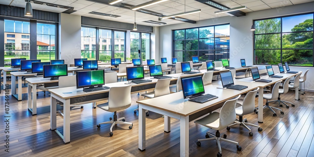 Poster modern classroom setup with rows of futuristic desks featuring high-tech screens displaying customiz