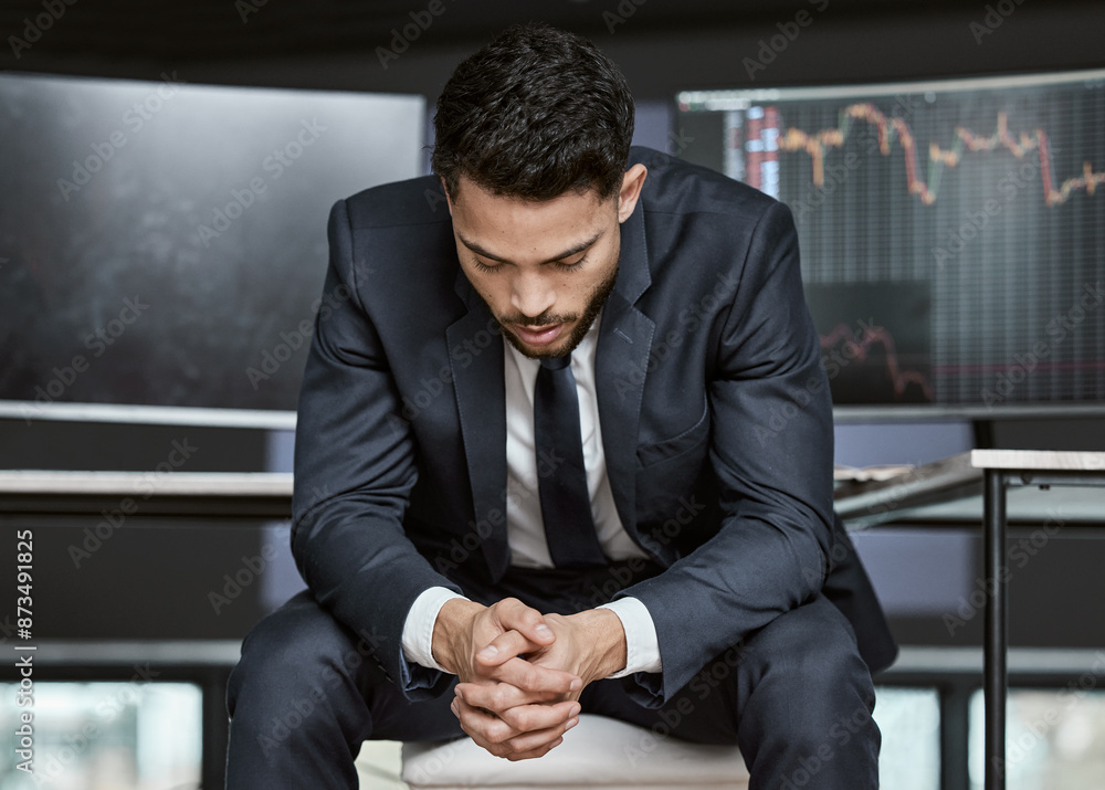 Poster Thinking, computer screen and business man in office for investment idea, solution or stock market growth. Hope, statistics and trader in thought for financial profit, decision or problem solving