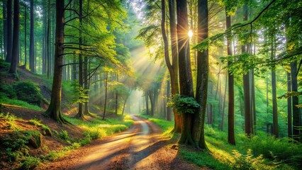 Serene morning atmosphere in a vibrant forest with a winding dirt path, towering trees, and lush green foliage, perfect for a friends' adventure.
