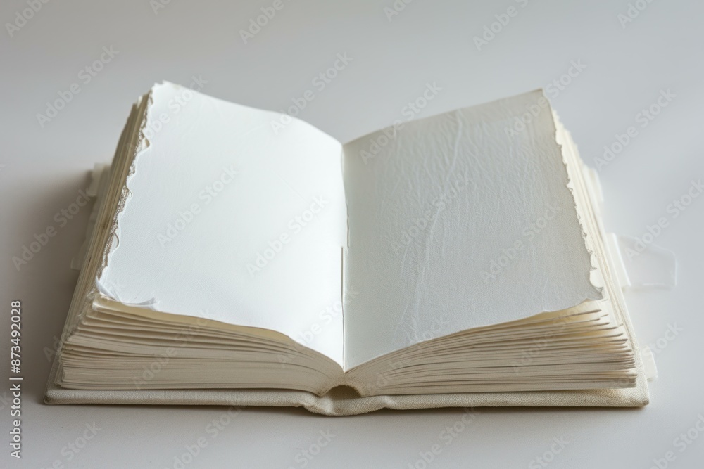 Poster minimalist image of an open, empty notebook with blank pages, perfect for your custom content