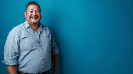 A man is smiling and wearing a blue shirt