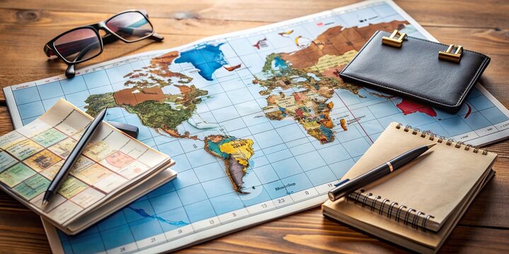 A neat and organized desk with a calendar, map, and various travel documents, spotlighting a carefully planned business trip itinerary and travel schedule.
