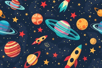 Colorful Rockets And Planets In A Starry Night Sky Seamless Pattern