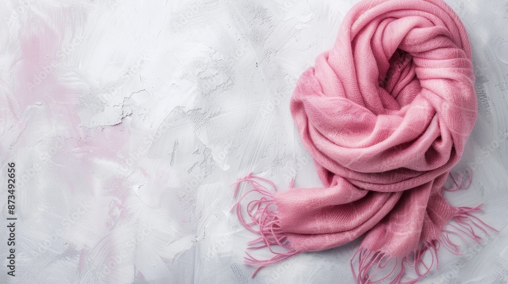 Poster pink scarf with white fabric texture in winter setting viewed from above with space for text