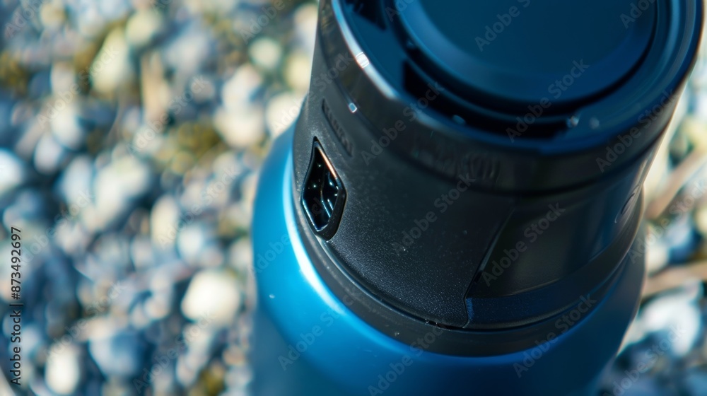 Poster macro image of the charging port on the bottom of the smart water bottle allowing for convenient and
